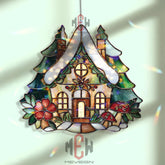 Cottage House Acrylic Suncatcher, Stained Glass Style Fairy Home Decor, Christmas Window Hanging, Cozy Woodland Gift for Home